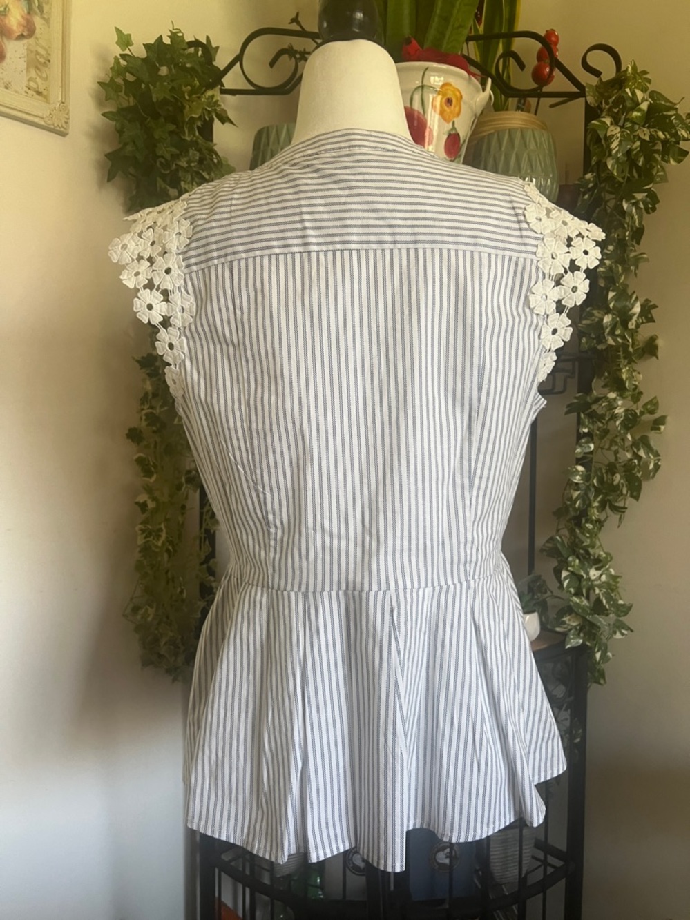 Striped Peplum women’s Top/Blouse, M, with Lace Trim - Blue & White - Picture 2 of 13